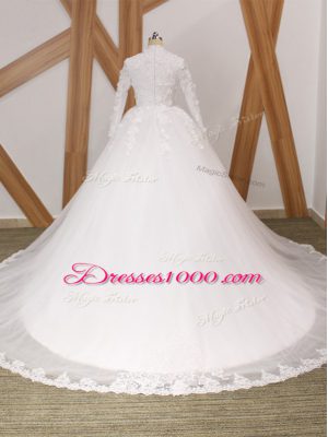 Lovely White Wedding Gown Wedding Party with Lace and Appliques High-neck Long Sleeves Court Train Zipper