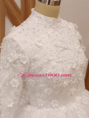 Lovely White Wedding Gown Wedding Party with Lace and Appliques High-neck Long Sleeves Court Train Zipper