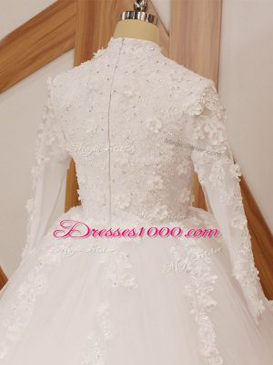 Lovely White Wedding Gown Wedding Party with Lace and Appliques High-neck Long Sleeves Court Train Zipper