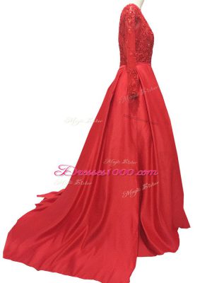 Red Long Sleeves Elastic Woven Satin Brush Train Zipper Mother of Groom Dress for Prom and Party and Military Ball and Sweet 16