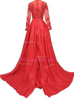 Red Long Sleeves Elastic Woven Satin Brush Train Zipper Mother of Groom Dress for Prom and Party and Military Ball and Sweet 16