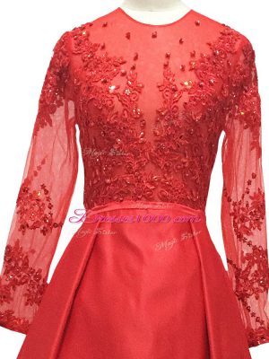 Red Long Sleeves Elastic Woven Satin Brush Train Zipper Mother of Groom Dress for Prom and Party and Military Ball and Sweet 16