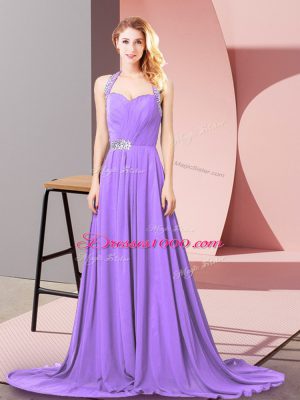 Dynamic Lavender Chiffon Zipper Halter Top Sleeveless Dress for Prom Brush Train Beading and Ruching