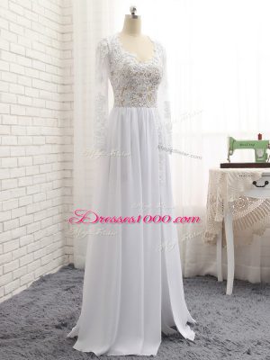 Fabulous White Empire Chiffon V-neck Long Sleeves Lace and Appliques Floor Length Zipper Prom Dress