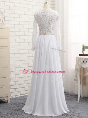 Fabulous White Empire Chiffon V-neck Long Sleeves Lace and Appliques Floor Length Zipper Prom Dress