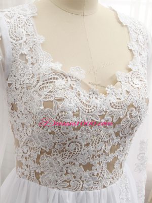 Fabulous White Empire Chiffon V-neck Long Sleeves Lace and Appliques Floor Length Zipper Prom Dress