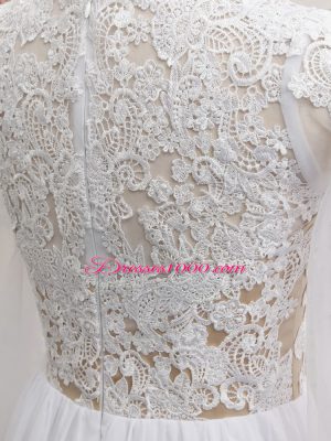 Fabulous White Empire Chiffon V-neck Long Sleeves Lace and Appliques Floor Length Zipper Prom Dress