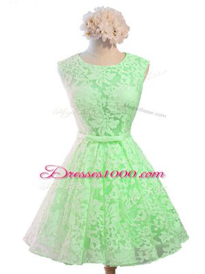 Charming Sleeveless Lace Knee Length Lace Up Wedding Guest Dresses in Green with Belt