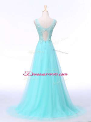 Discount Aqua Blue A-line Chiffon Scoop Sleeveless Lace and Appliques Backless Juniors Evening Dress Brush Train