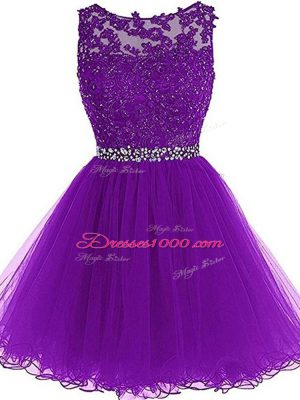 Sleeveless Mini Length Beading and Ruffles Zipper Prom Dress with Eggplant Purple