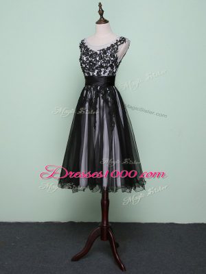 Black Tulle Zipper Homecoming Dress Sleeveless Knee Length Lace and Appliques