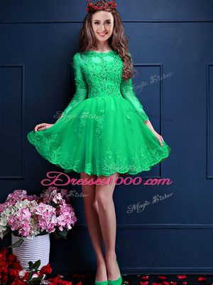 Beading and Lace and Appliques Wedding Party Dress Apple Green Lace Up 3 4 Length Sleeve Mini Length