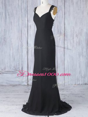 Black Zipper Straps Appliques Bridesmaid Dress Chiffon Sleeveless Sweep Train