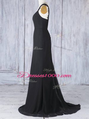 Black Zipper Straps Appliques Bridesmaid Dress Chiffon Sleeveless Sweep Train