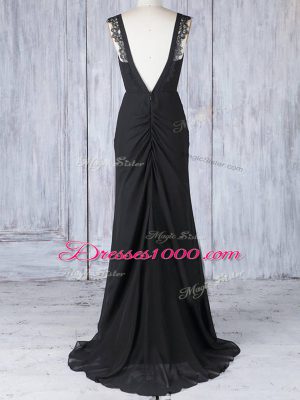 Black Zipper Straps Appliques Bridesmaid Dress Chiffon Sleeveless Sweep Train