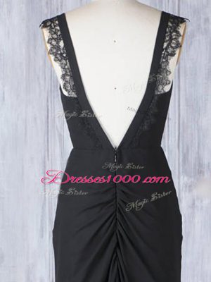 Black Zipper Straps Appliques Bridesmaid Dress Chiffon Sleeveless Sweep Train