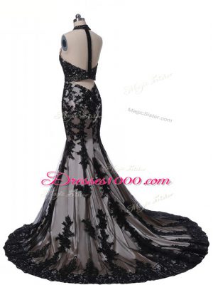 High Quality Black Mother of the Bride Dress Tulle and Lace Brush Train Sleeveless Lace and Appliques