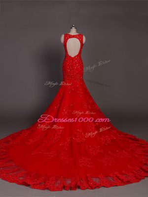 Fashion Scoop Sleeveless Lace Dress for Prom Beading and Lace and Appliques Court Train Backless