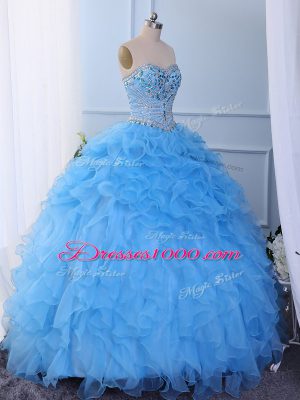 Floor Length Baby Blue Quinceanera Gowns Organza Sleeveless Beading and Embroidery and Ruffled Layers