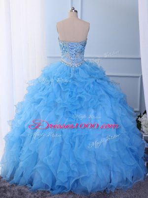 Floor Length Baby Blue Quinceanera Gowns Organza Sleeveless Beading and Embroidery and Ruffled Layers