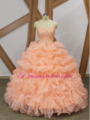 Simple Peach Sweetheart Neckline Beading and Ruffles and Pick Ups Quinceanera Dress Sleeveless Lace Up