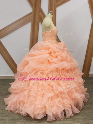 Simple Peach Sweetheart Neckline Beading and Ruffles and Pick Ups Quinceanera Dress Sleeveless Lace Up