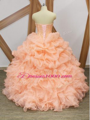 Simple Peach Sweetheart Neckline Beading and Ruffles and Pick Ups Quinceanera Dress Sleeveless Lace Up