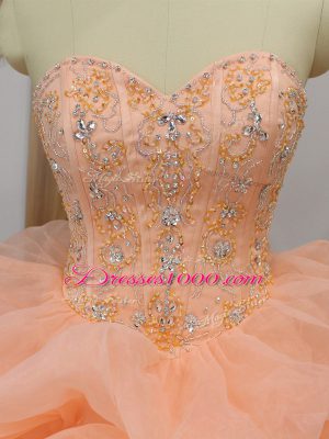 Simple Peach Sweetheart Neckline Beading and Ruffles and Pick Ups Quinceanera Dress Sleeveless Lace Up