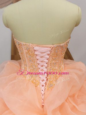 Simple Peach Sweetheart Neckline Beading and Ruffles and Pick Ups Quinceanera Dress Sleeveless Lace Up