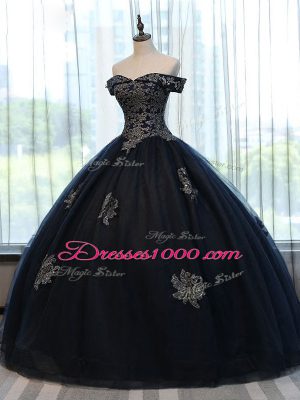 Perfect Off The Shoulder Sleeveless Quinceanera Gown Floor Length Appliques Navy Blue Tulle