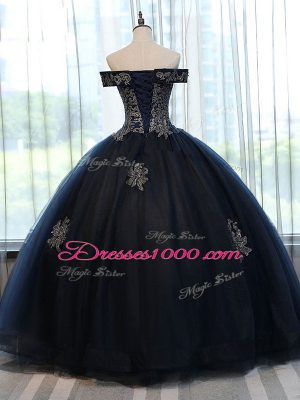 Perfect Off The Shoulder Sleeveless Quinceanera Gown Floor Length Appliques Navy Blue Tulle