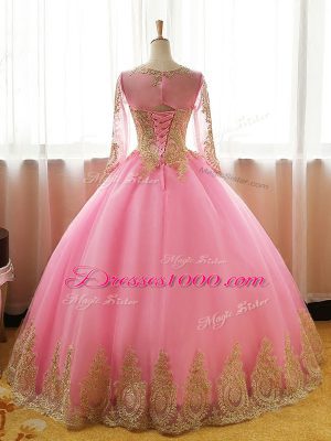 Customized Scoop Long Sleeves Organza Quinceanera Gown Appliques Lace Up