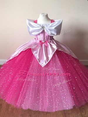 Ball Gowns Girls Pageant Dresses Fuchsia Off The Shoulder Tulle Short Sleeves Floor Length Zipper