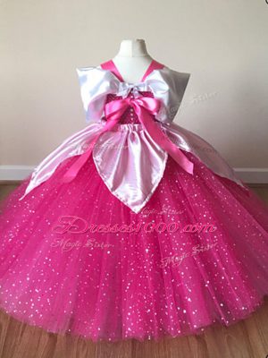 Ball Gowns Girls Pageant Dresses Fuchsia Off The Shoulder Tulle Short Sleeves Floor Length Zipper