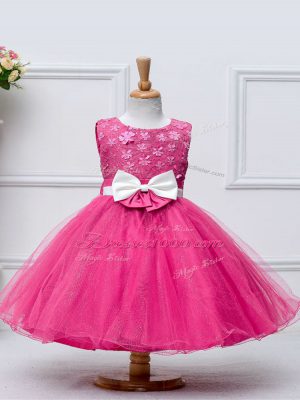 Dazzling Lace and Bowknot Juniors Party Dress Hot Pink Zipper Sleeveless Knee Length