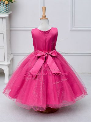 Dazzling Lace and Bowknot Juniors Party Dress Hot Pink Zipper Sleeveless Knee Length