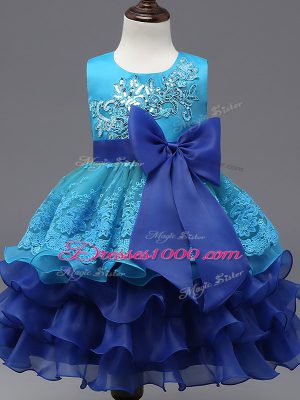 Royal Blue Organza Zipper Girls Pageant Dresses Sleeveless Tea Length Lace and Ruffled Layers and Bowknot