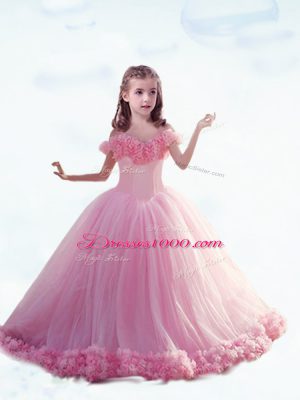 Inexpensive Baby Pink Tulle Lace Up Pageant Gowns For Girls Sleeveless Court Train Hand Made Flower