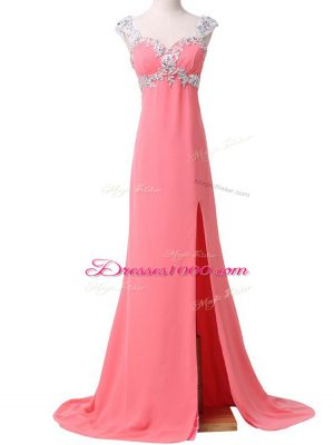 Watermelon Red Zipper Going Out Dresses Beading and Appliques Cap Sleeves Brush Train