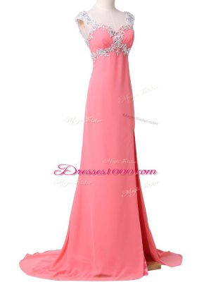 Watermelon Red Zipper Going Out Dresses Beading and Appliques Cap Sleeves Brush Train