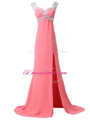 Watermelon Red Zipper Going Out Dresses Beading and Appliques Cap Sleeves Brush Train