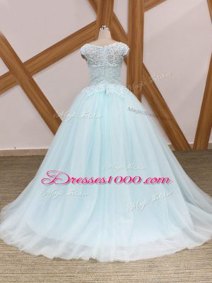 Hot Sale Light Blue Tulle Zipper Scoop Sleeveless Vestidos de Quinceanera Brush Train Beading and Lace