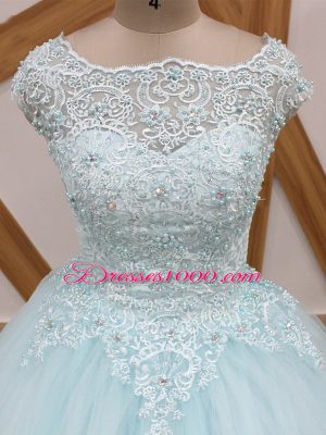 Hot Sale Light Blue Tulle Zipper Scoop Sleeveless Vestidos de Quinceanera Brush Train Beading and Lace
