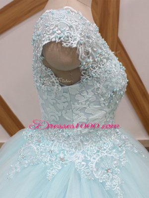 Hot Sale Light Blue Tulle Zipper Scoop Sleeveless Vestidos de Quinceanera Brush Train Beading and Lace