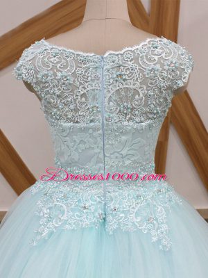 Hot Sale Light Blue Tulle Zipper Scoop Sleeveless Vestidos de Quinceanera Brush Train Beading and Lace