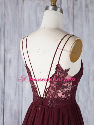 New Style Empire Bridesmaid Dresses Burgundy Straps Chiffon Sleeveless Floor Length Zipper