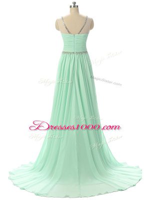 Superior Apple Green Sleeveless Brush Train Beading and Ruching Evening Dress