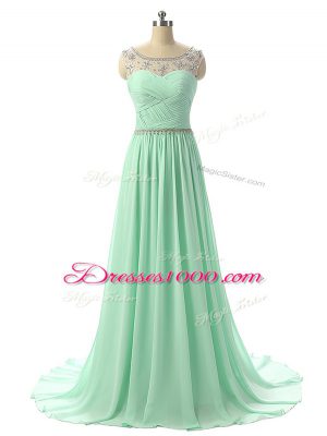 Superior Apple Green Sleeveless Brush Train Beading and Ruching Evening Dress