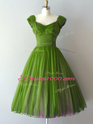 A-line Bridesmaid Gown Green V-neck Chiffon Cap Sleeves Knee Length Zipper