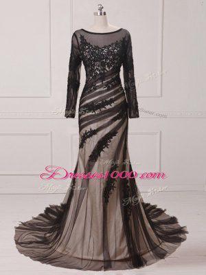 Inexpensive Scoop Long Sleeves Chiffon and Tulle Mother of the Bride Dress Lace and Appliques Brush Train Zipper